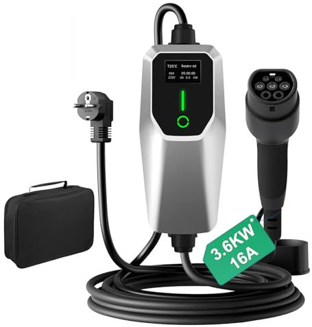 Hexinex Cargador EV Tipo 2 Portátil de 3.6KW con Corriente Ajustable de 8A-16A, Estación de Carga para Vehículos Eléctricos, Compatible con Voltaje Doméstico de 240V, con Pantalla LED Digital y Bolsa