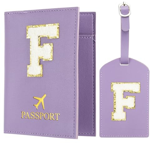 PATIKIL Porta Passaporto da Viaggio con Toppa in Lettera Chenille Viola F | Custodia per Passaporto, con Iniziale e Set Etichetta Bagaglio, Portafoglio da Viaggio e Identificatore Valigia
