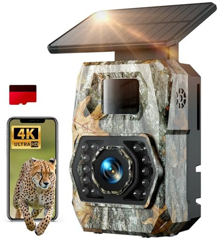 Cámara de Caza Solar WiFi 4K 60MP con Batería Recargable de 5200 mAh, Camara Fototrampeo con Visión Nocturna, 0.1s Tiempo de Activación, IP66, Observación de Animales, con Tarjeta SD de 32GB