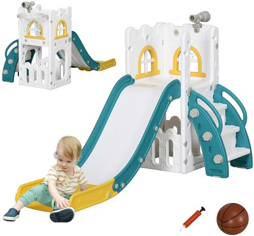 AIYAPLAY Toboggan pour Enfants 4 en 1 avec Panier de Basket, Escalade, télescope, Panier de Rangement, Toboggan intérieur pour Enfants de 1 à 3 Ans, 70 x 177 x 92 cm, Blanc et Vert