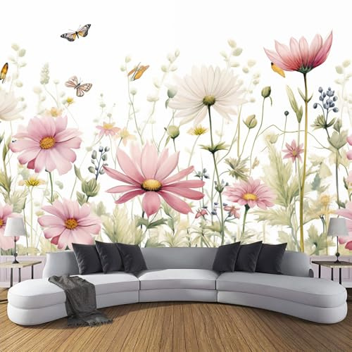Panoramique Murale 350x256cm (L×H), Papier Peint Fleurs Sauvages Marguerites Tissu en Soie Décoration Murale, Jardin Fleurs Tableaux Muraux Salon Chambre Papier Peint Rose clair 3D Fond Effet
