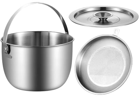 Derwrtup Camping Cooking Pot - Large Cooking Pot Camping Accessories, Stainless Steel Sieve Bowl with Lid Outdoor Equipment for Travel Fishing Hiking Hunting Barbecue