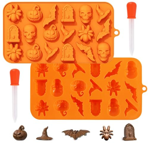 prota Halloween Silikonform, 2 Stück Halloween Bakcform Pralinen Totenkopf Silikonform Pralinen mit 2 Pipette, Kürbis und Gespenster Silikonformen für Schokolade Süßigkeiten Backen