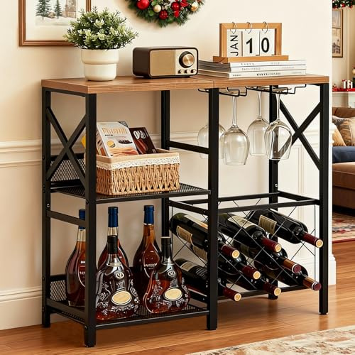 MNEETRUNG Weinbarschrank, rustikales freistehendes Weinregal mit Glashalter und Zaun, Barschrank mit 2 Ebenen, Likörregal für Hausbar, rustikales Braun