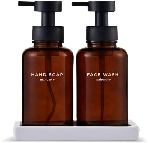 MaisoNovo Glass Foaming Soap Dispenser - 400 ml Amber Glass Foaming Hand Wash Dispenser Black Pumps x 2 with White Ceramic Tray, Waterproof Labels