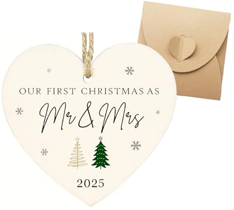 1PCS Heart Shaped Personalised Christmas Decorations - Wooden Best Christmas Tree Decor for First Christmas as Mr and Mrs 2025, 1st with Kraft Paper Box Packaging