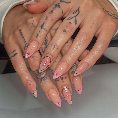Pink Ombre Stiletto Press On Nails with Star & Rhinestone Design - Glossy Long Almond Shape False Nails for Parties & Special Occasions, 24pcs Full Set, Glitter Manicure Kit, Easy Application
