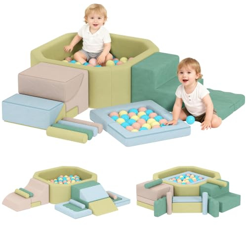 AIYAPLAY Schaumstoff Bausteine Kinder 15er-Set mit Bällepool Mehrfarbig | 200 Bällen, Riesenbausteine Klettern, Großbausteine in Cord-Optik, Bauklötze Spielbausteine