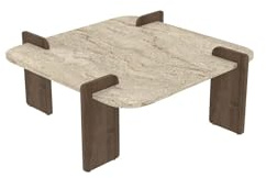 Hanah Home Modern Coffee Table, 90 x 35 x 90 cm, Travertine & Walnut | 100% Melamine Coated Chipboard, 35 kg Capacity | Stylish & Functional Design for Any Space