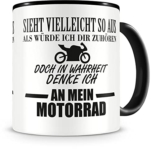 Samunshi® Tasse mit Spruch Ich denke an mein Motorrad Geschenk für Männer Kaffeebecher Kaffeepott schwarz