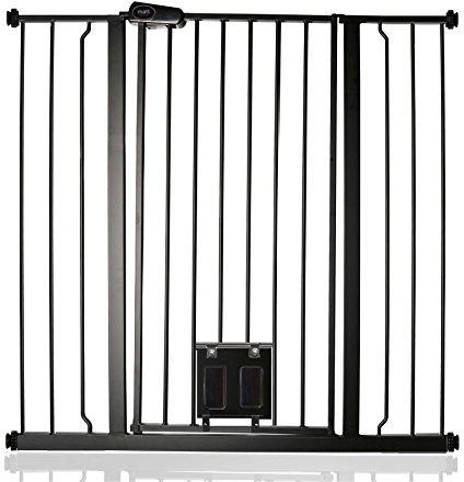 Bettacare Haustiergitter mit Verriegelbarer Katzenklappe, 100.8cm - 108.4cm, Schwarz, 104cm in der Höhe, Extra Hohes Haustier Sicherheitsgitter mit Katzenklappe, Einfache Installation