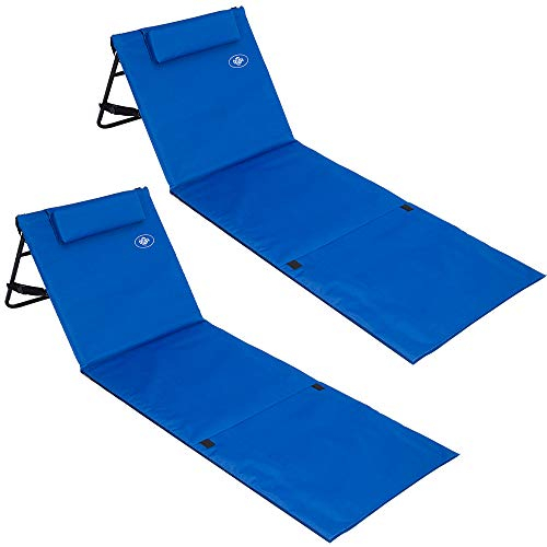 DETEX® 2X Strandliege klappbar leicht tragbar Rückenlehne UV-beständig Tasche Reißverschluss Kissen Tragegurt Garten Camping Picknick Strandmatte Blau