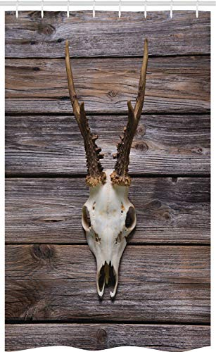 ABAKUHAUS Hirsch Schmaler Duschvorhang, Rustikale Geweihe auf Holz, Badezimmer Deko Set aus Stoff mit Haken, 120 x 180 cm, Beige Braun
