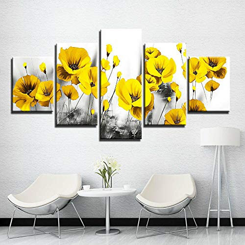 GIRDSS Frames, Tableau Multi Panneau 5 Parties, Tableau Imprimé Xxl, Tableau Imprimé Sur Toile, Tableau Deco, 5 Parties Tableau Decoration Murale Salon Moderne Xxl Coquelicots Jaunes