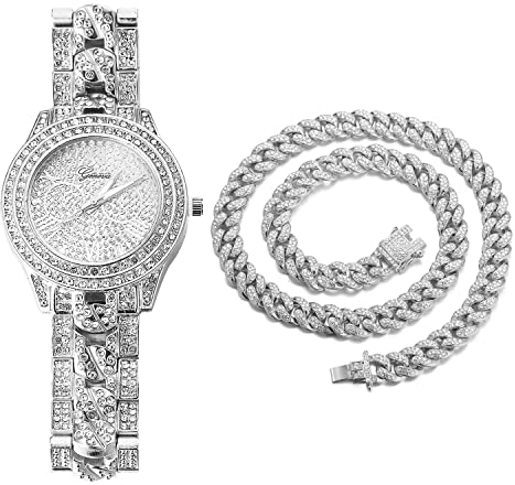 Halukakah Diamant Vergoldete Uhr, Herren Platin Weißgold Plattierte Kubanische Kette Eingelegtes Band Quarz Armband 24cm,mit Kubanischer Kette 45cm Halskette,Volle Cz Labordiamants