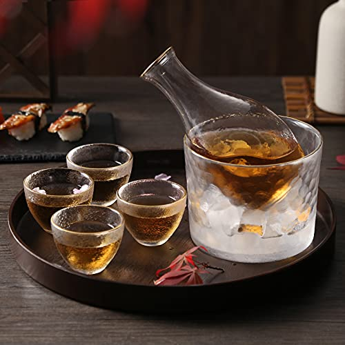 DUJUST Ensemble de saké japonais pour 4, motif de marteau en verre avec garniture dorée artisanale, 1 bouteille de saké transparent, 1 réservoir et 4 tasses, carafe à vin froid/chaud/chaud - 6 pièces