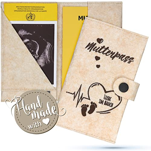 Emadele Mutter-Kind-Pass Hülle Füße 'Liebe im Bauch' Beige aus Filz Handmade. Mutterkindpass Organizer Fächer für Ultraschallbilder, Impfpass-Hülle Format für Östereichischen Mutterpass