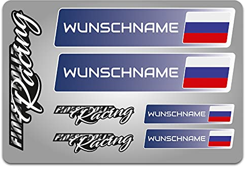 4er Set Aufkleber mit Fahne Flagge und wahlweise Name Sticker für Auto Fahrrad Motorrad Roller Helm im Rallye Racing Design R156 (25 Russland, Mit Wunschname)