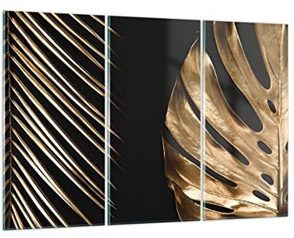 Mehrteilige Bilder auf Glas 165x110cm Glasbild Golden Blatt Monstera Groß XXL Wanddeko Schlafzimmer Küche Set 3 teilige Wandbilder Dekoration Wohnzimmer Modern Wand Kunstdruck Art GCE165x110-5028