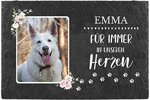 PfotenSchild Schieferplatte Gedenktafel für Hund & Katze - mit Foto und Name Bedrucken - Für Immer in unseren Herzen - Tiergrabstein, wetterfest - Schiefertafel 20x30cm I personalisiert