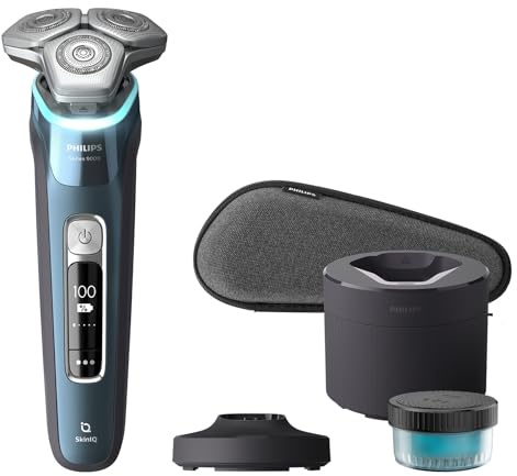Philips Rasierer Series 9000 - Elektrischer Nass- und Trockenrasierer, Eisblau, Lift&Cut-Rasiersystem, SkinIQ-Technologie, Pop-up-Trimmer, Reinigungsstation, Ladestation & Reiseetui (Modell S9982/55)