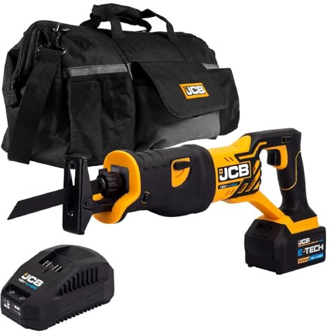 JCB 18v Cordless Reciprocating Saw, 4.0Ah Battery, Fast Charger, Variable Speed & Adjustable Position Foot Plate, Tool-Free Blade Changing, 20 Power Tool Kit Bag, 3 Year Warranty