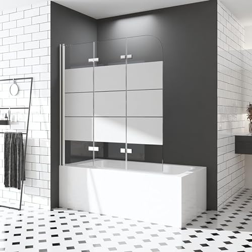 Duschwand für Badewannen 120 x 140 cm 3 teilig Milchglas Dekor Querstreifen Faltwand Duschwand Duschabtrennung Sicherheitsglas Nano Glas
