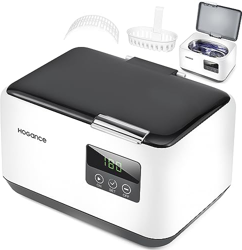 Nettoyeur à Ultrasons 600ML, Hogance Nettoyeur Ultrasonique 50W, 48kHz Machine à Ultrasons 600ML avec 4 Timer Réglages pour Prothèses Dentaires, Bagues, Montre, Rasoirs, Blanc+Gris Foncé
