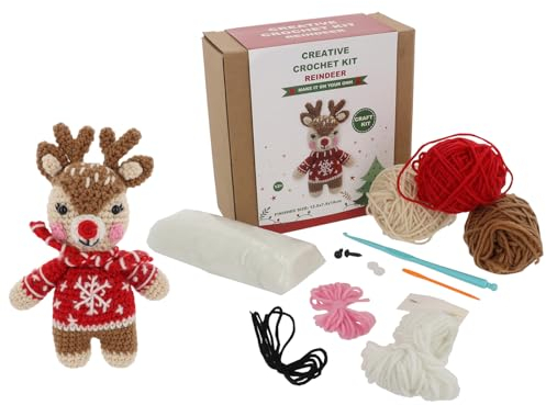 Shudehill Giftware Kreatives Weihnachts-Häkelset, perfekt zum Lernen oder für erfahrene Häkelarbeiter – Pinguin, Schneemann, Weihnachtsmann und mehr (Rentier)