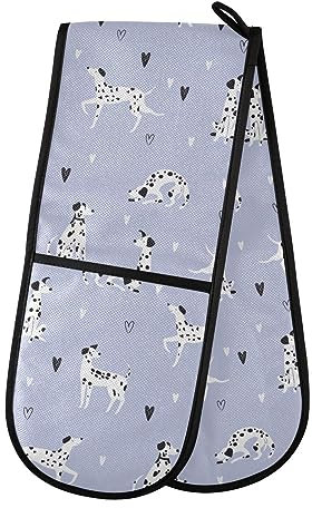 Double Oven Gloves Purple Dalmatian Dog Heart Heat Resistant Pot Holder Oven Mitt Gloves for BBQ Cooking Baking Grilling Microwave