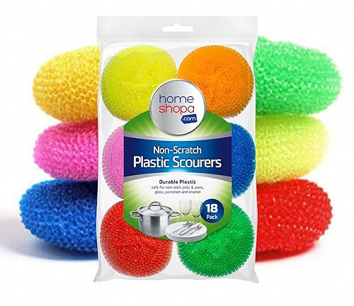 HOMESHOPA Non Scratch Plastic Mesh Scourers, 18 Pack Round Dish Pot Scrubber, Washing Up Reusable Sponge Scrub, Non Stick Scouring Ball Long Lasting Kitchen Dish Pads Stain Removing Cleaning Scrubber