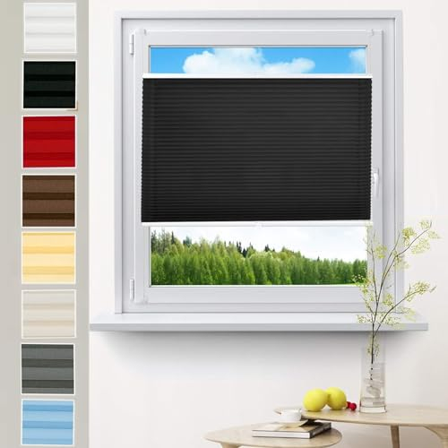 Premium Plissee Faltrollo 110 x 200 cm Blickdicht und lichtdurchlässig Rollos für Fenster & Tür Jalousie inkl.Klemmträger für Fenster, Schwarz