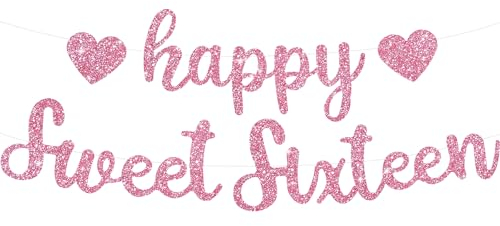 TONIFUL Rosa Glitter Happy Sweet 16 Birthday Banner, Pre-Strung Glitter Happy 16 Birthday Decoration for Girls,Happy 16th Birthday Sign for Women, Girls