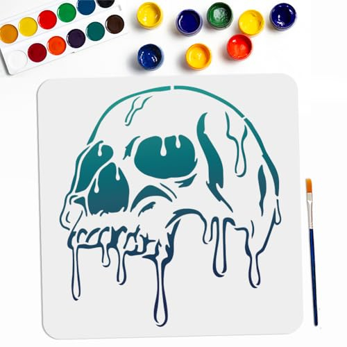 MAYJOYDIY Pochoir Crâne 30 × 30cm Grands Pochoirs Crâne Fondants pour Peinture avec Pinceau Modèles Squelettes Carrés pour Bois Toile Papier Tissu Mur Verre