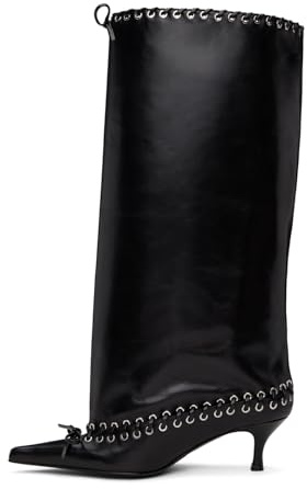 Goolita Botas altas de piel con ojales de metal para mujer, con puntera puntiaguda, tacón de gatito, con cordones y lazo, botas altas de pantorrilla ancha, Negro -, 40 EU