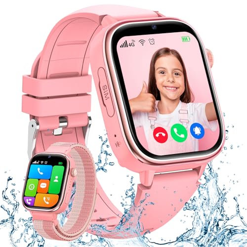 AKUMAKA Reloj Inteligente Niño 4G, Reloj GPS Niños Localizador y Llamadas con Boton SOS, Chat, Videollamada, IP68 Impermeable, Modo Clase, Álbum de Fotos, Podómetro, Smartwatch Niños Despertador Rosa