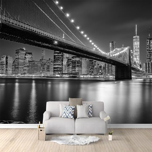 Papier Peint Mural 3D Gris New York City Pont De Brooklyn 350x256 cm Papier Peint Panoramique Poster Tapisserie Photo, Papier Peint intissé pour Chambre Salon Personnalisé Murale Décoration