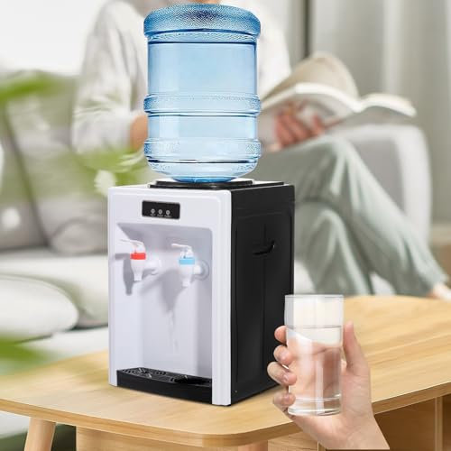 HuKaiL Dispensador de agua fría y caliente de 4,5 – 18,9 l, dispensador de agua con refrigeración ≤ 15 °C, dispensador de agua, fuente con bandeja de goteo para casa, biblioteca, oficina, 24 x 24 x 36