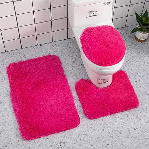 3PCS Soft Microfiber Bathroom Rugs Sets,Non-Slip Bath Mat Fluffy Plush Toilet Seat Cover for Bathroom,Water Absorbent Bathmat,Machine Washable (Hot Pink)