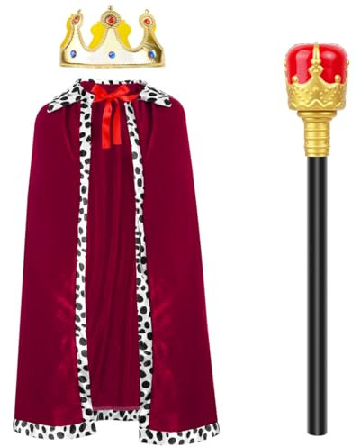O-Kinee 3 Stück König Kostüm Erwachsene,Krone König Herren,Königin Umhang,Königsmantel,Königs-Zepter,Karneval Kostüme Damen,für Halloween, Weihnachten, Fasching,Mottoparty