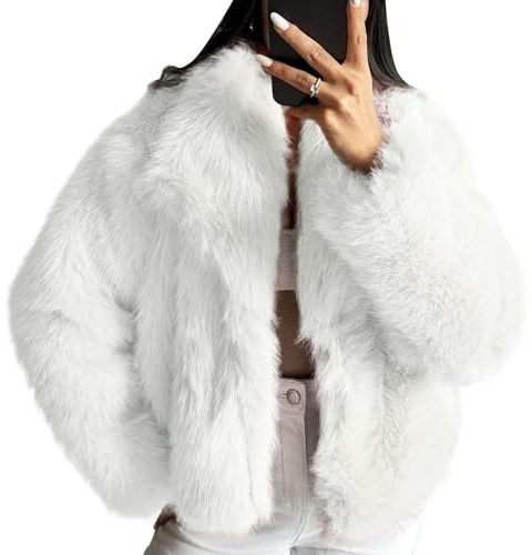 COZYPOIN Damen Kunstfelljacke, flauschiger Pelzmantel, bauchfrei, lange Ärmel, Revers, Knopfleiste, flauschig, Winteroberbekleidung