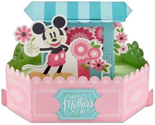 Hallmark Mothers Day Card for Mum, 3D, Pop Up, Disney Mickey Mouse & Flower Cart, Pink, Blue