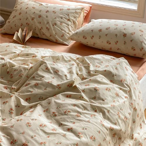 Lanqinglv Bettwäsche 155x220 Baumwolle Blumen Aesthetic Pflanzen Renforce ÖKO-TEX Baumwollbettwäsche Orange Blätter Mädchen Bettbezug mit Reißverschluss und 1 Kissenbezug 80x80 cm