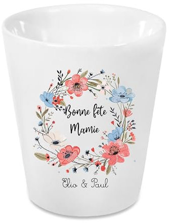 Pot de Fleurs Conique en Céramique 90 mm - Design Couronne de Fleurs Personnalisable - Bonne Fête Mamie - Cadeau Unique avec Prénoms des Petits-Enfants