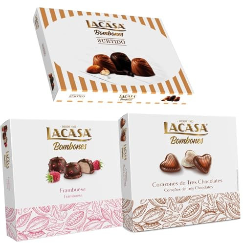 Pack Lacasa bombones surtido 95 G & bombones corazón tres chocolates 200 G & bombones frambuesa 200 g