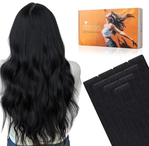 DOORES Injected Tape in Weft Hair Extensions, 40 cm, 25 g, 10 Stück, tiefschwarz, innovative Injektionsband-Technologie – natürlich und unsichtbar, Remy-Echthaar – langlebig, wiederverwendbar