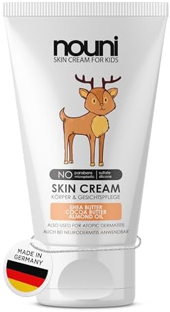 Baby & Kinder Hautcreme – Körper & Gesicht | Ohne Parabene, Silikone & Mikroplastik – Feuchtigkeitscreme mit Shea- & Kakaobutter, Mandelöl – Für empfindliche Haut – Made in Germany | 75ml | nouni