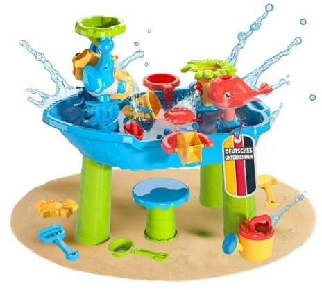 Coemo Sand- und Wasserspieltisch NARIUS S, 1 Hocker, Wassertisch Kinder Outdoor für Wasserspiele draußen, Balkon und Garten, Matschtisch mit Sandkastenspielzeug, Eimer, Schaufel, Gießkanne, Wasserrad
