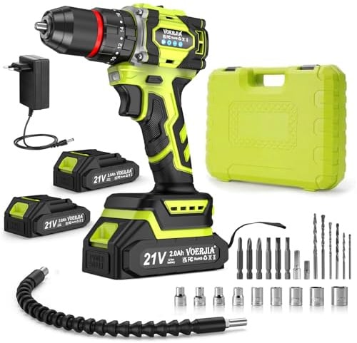 21V Akku bohrhammer, Bürstenlose Akkuschrauber Set mit 2 * 2000 mAh Akku, 3/8 Bohrfutter, 21+3 Drehmoment, Max 60 N.m Akku Bohrmaschine, Led lichter & 2-Gang, 29 PCS zubehör für elektrowerkzeuge