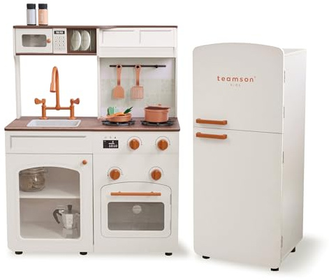 Teamson Kids Little Chef Normandy Wooden Play Kitchen, Off-White Modular Set with Separate Fridge, Sink, Click Knobs, Storage & 14 Accessories Included